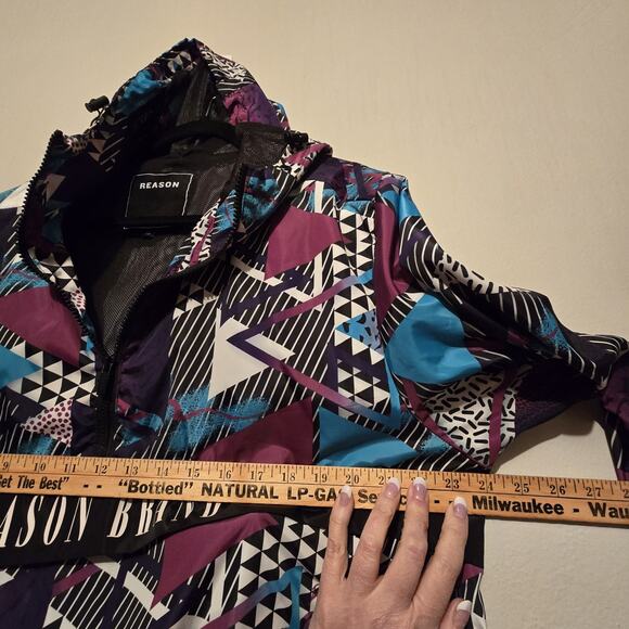 Reason Brand 80s 90s Retro Pullover Windbreaker XL Zip AOP Abstract Geometric - Picture 10 of 13